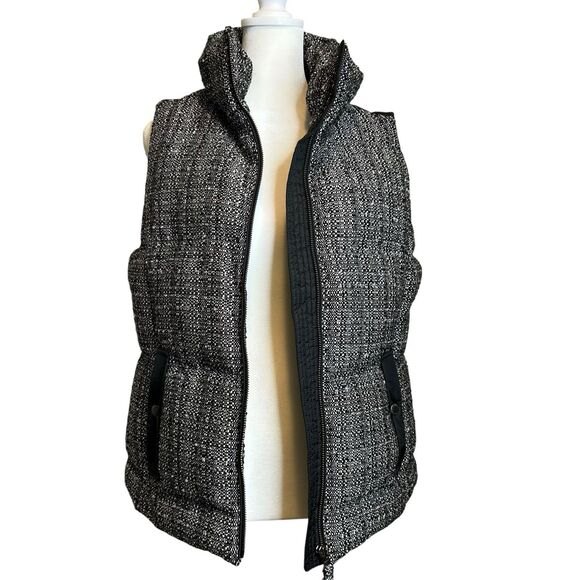 Talbots Down Filled Puffer Quilted Vest SMALL Black White Tweed Fabric Front - Picture 7 of 12
